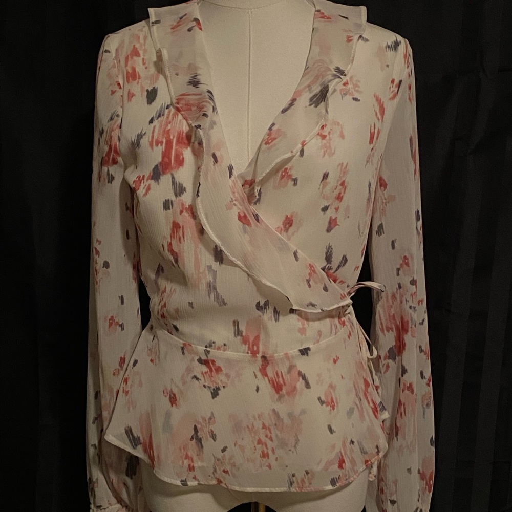 Black Swan Cream and Pink/Gray Abstract Pattern, Lined Bodice Wrap Blouse